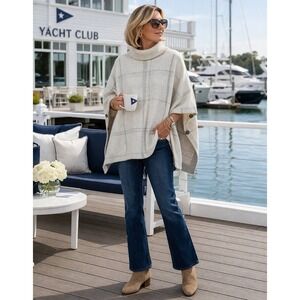 Barbour Boyde Plaid‎ Turtleneck Cape Sweater Summer Tartan OS Cream Old Money